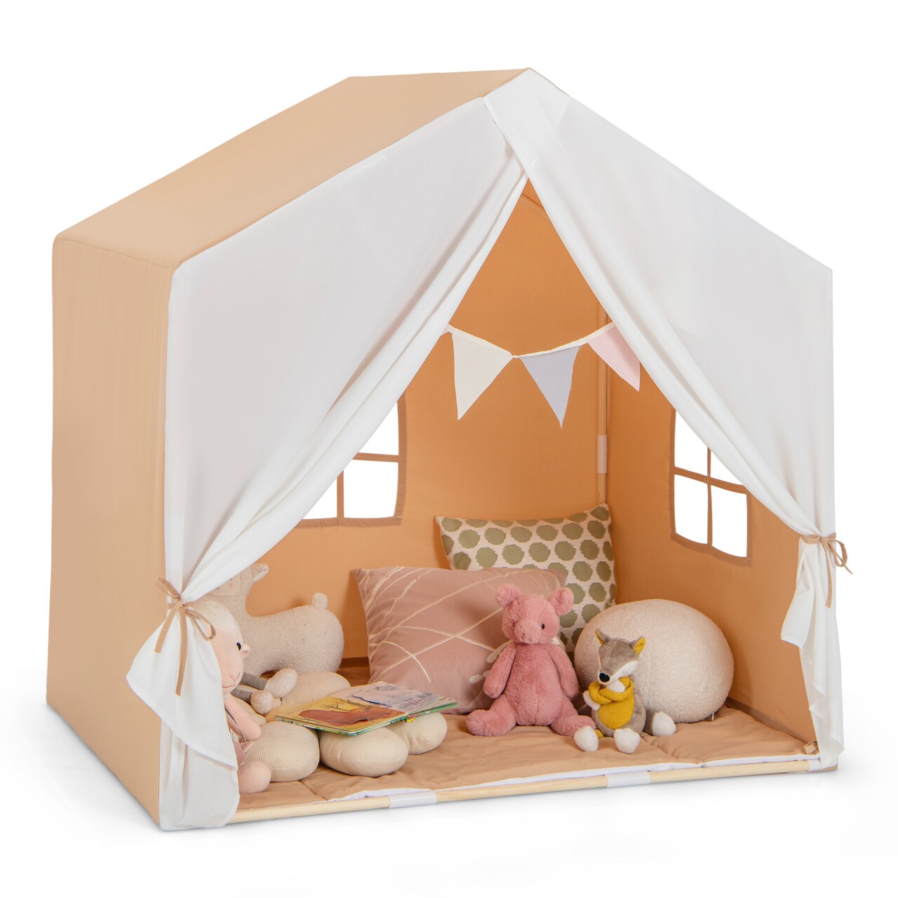 Kids Indoor Outdoor Play Tent with Padded Mat and Wood Frame 51.5-In Pine Wood Fabric Playhouse